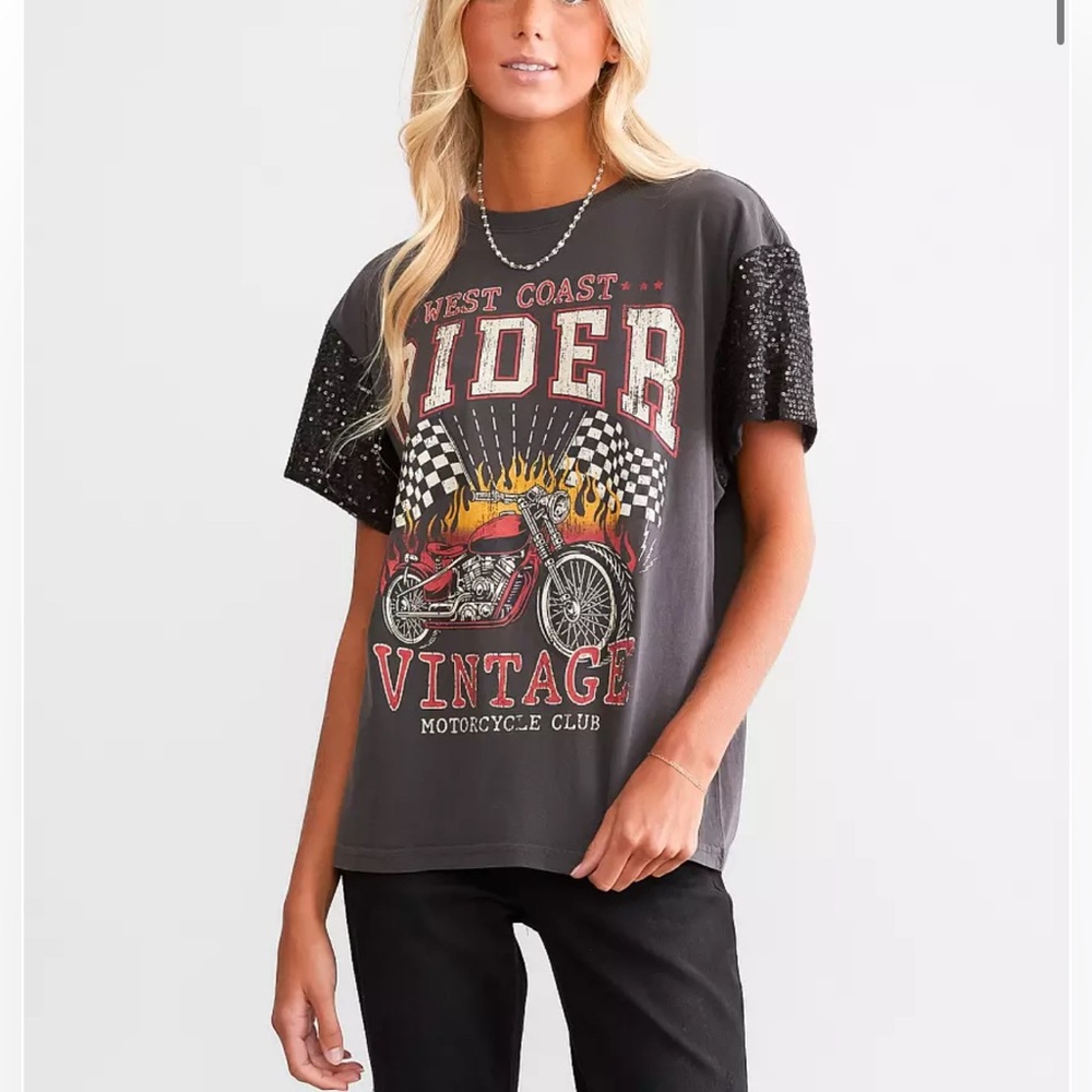 Goodie Two Sleeves Vintage Motorcycle Graphic Tee with Sequin Sleeves Medium